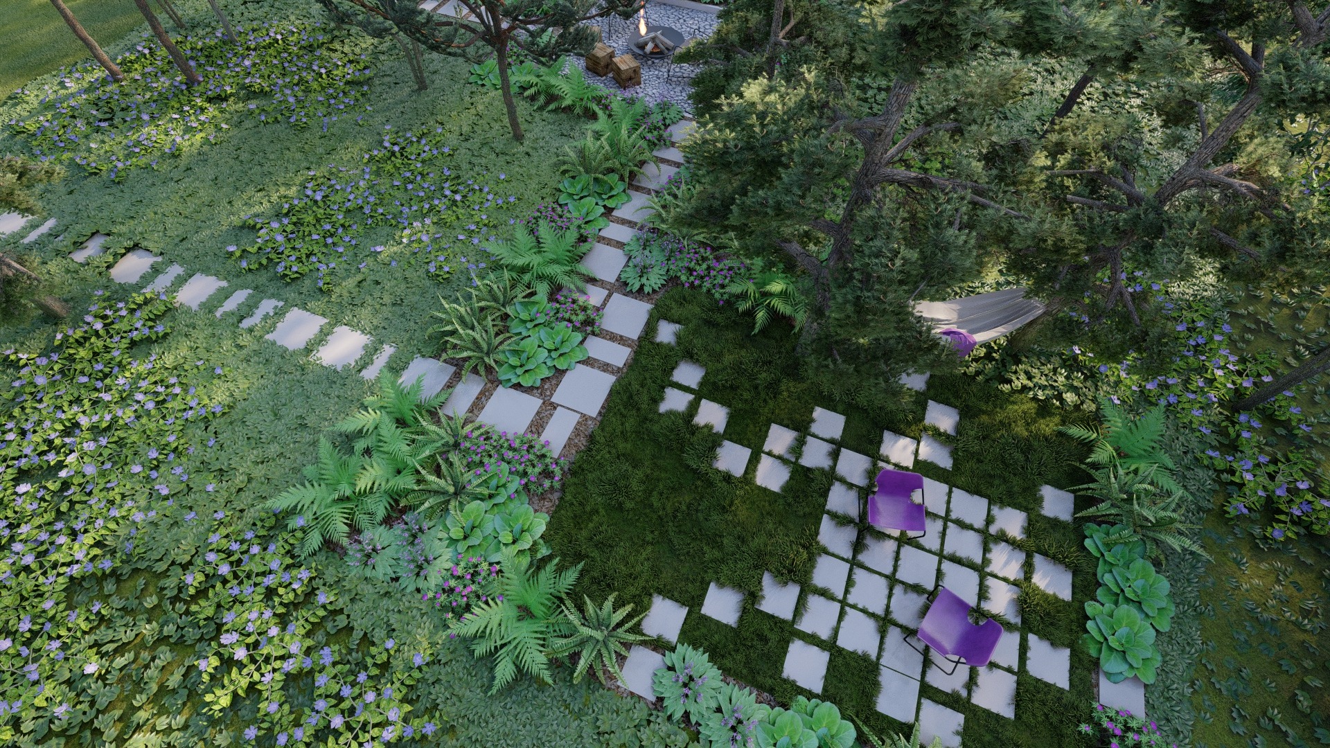 ogród z sosnowym lasem