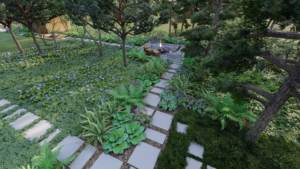 ogród z sosnowym lasem