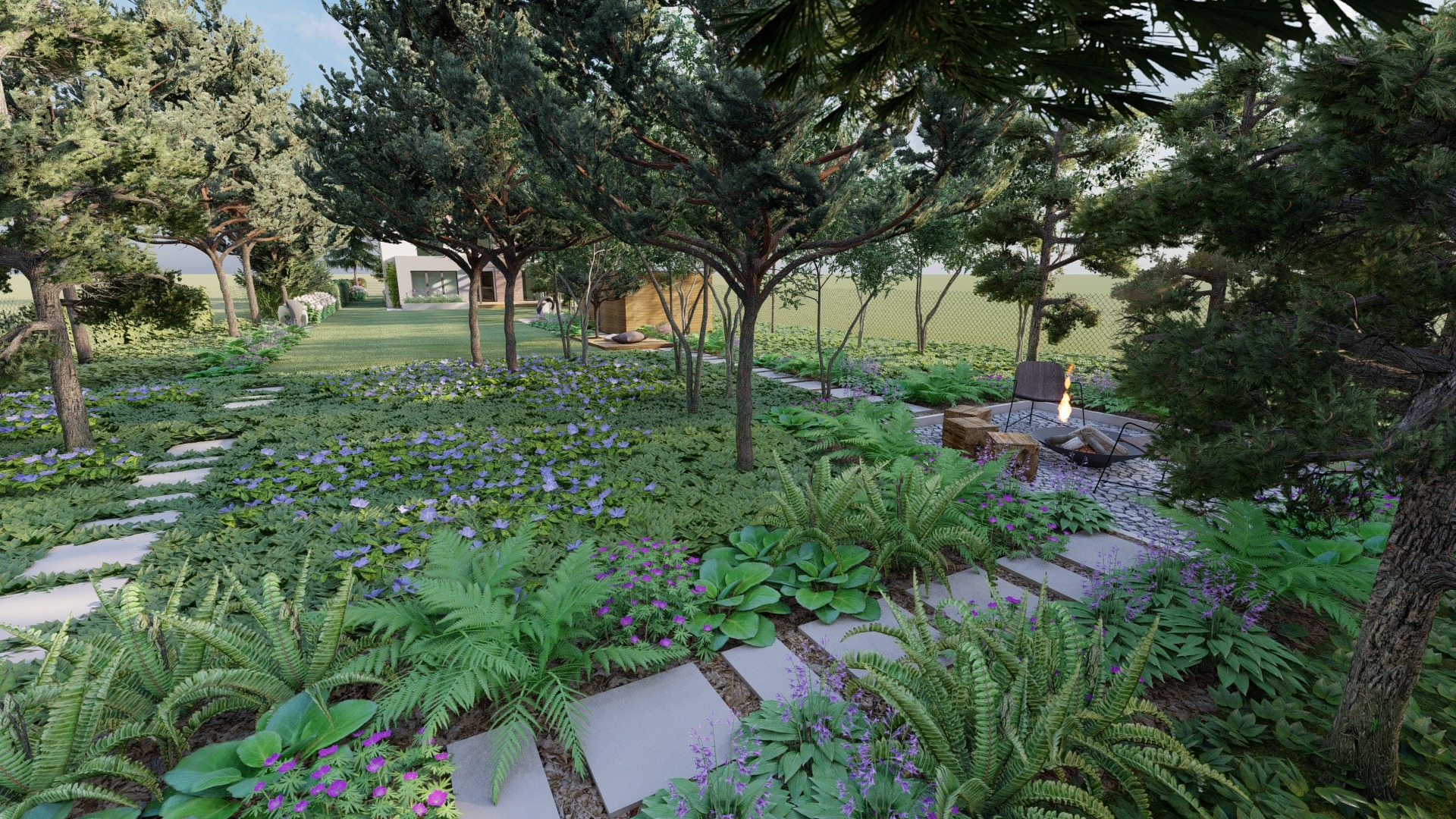 ogród z sosnowymn lasem