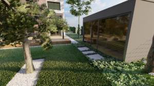 ogród z sosnowym lasem