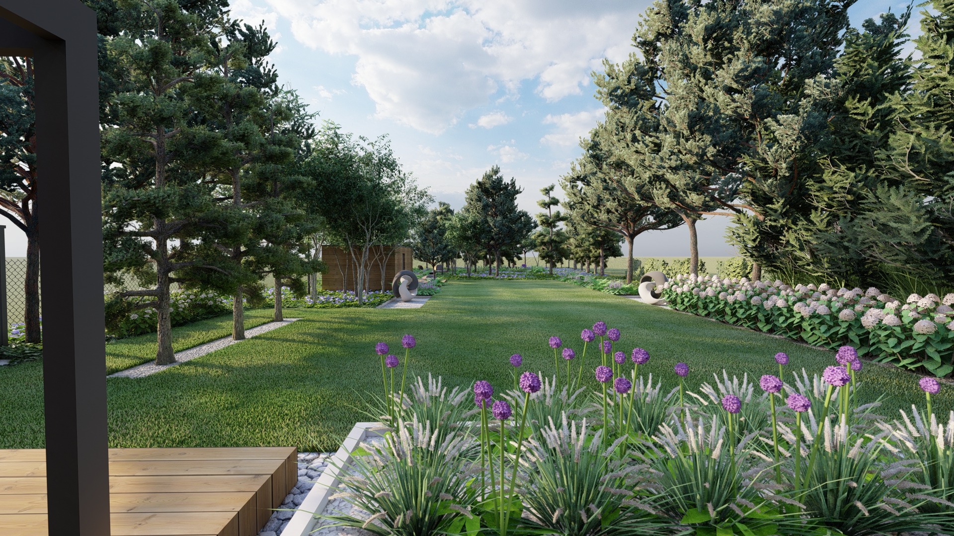 ogród z sosnowym lasem