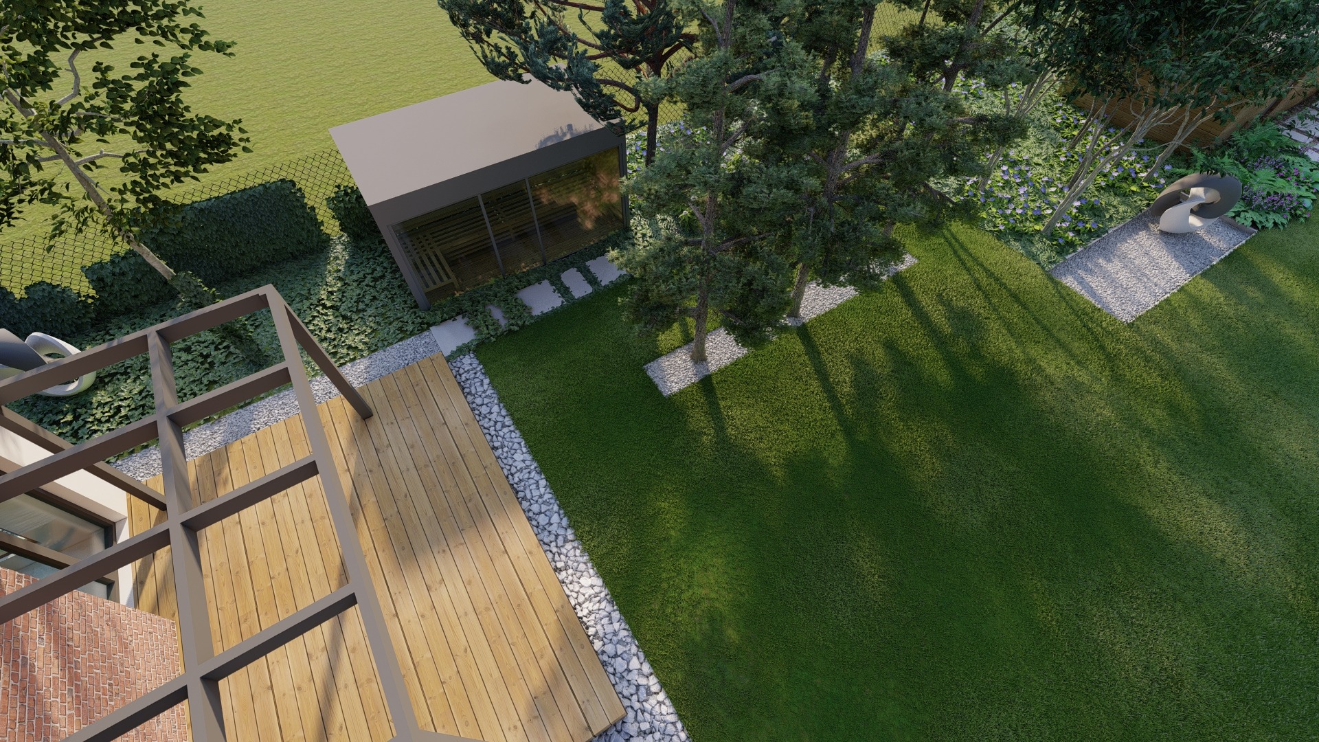 ogród z sosnowym lasem