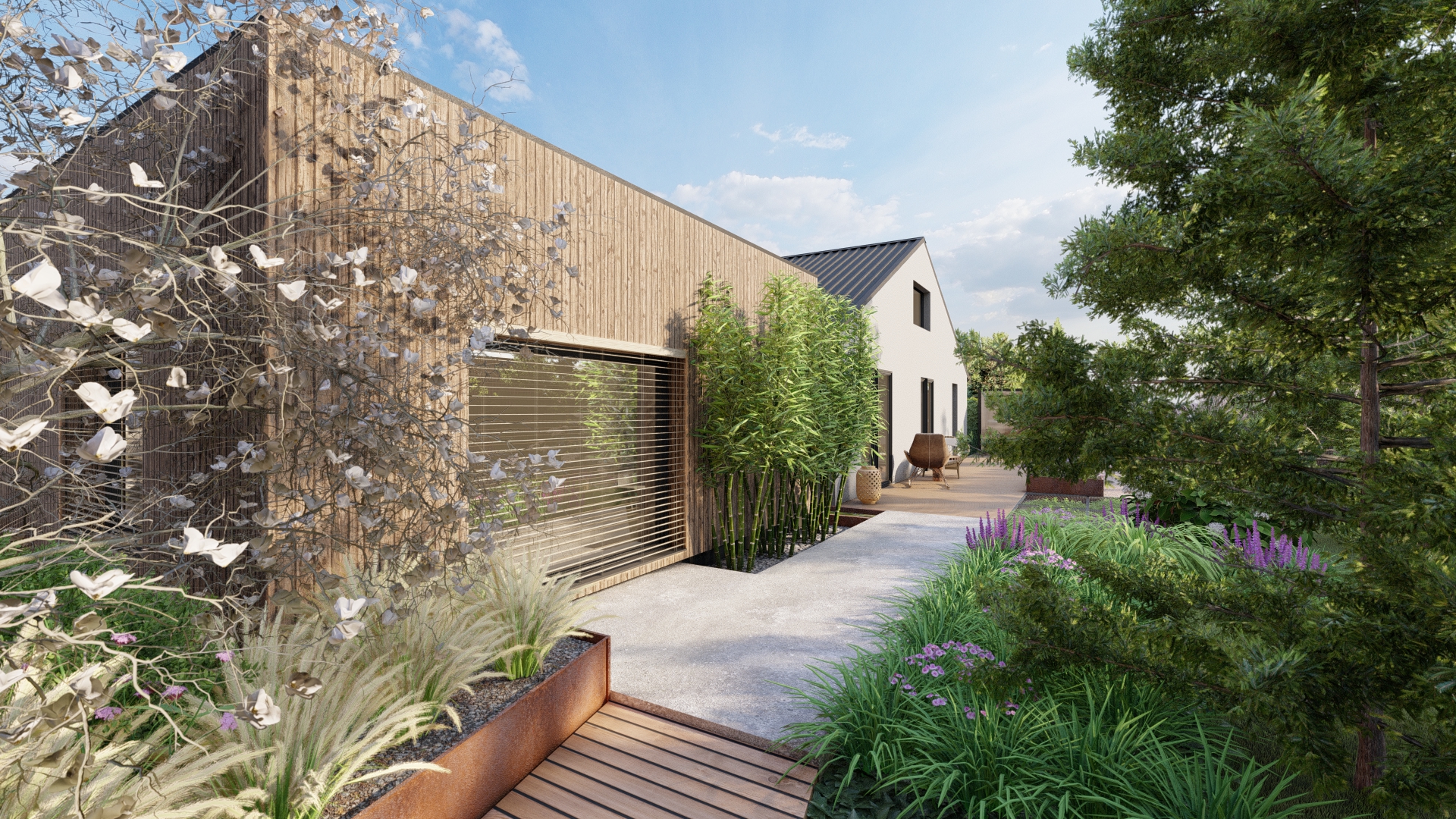 nowoczesny ogród, Poznań, projektowanie ogrodów Poznań, ogród nowoczesny Poznań, ogród eklektyczny, ogród pełen rozrywek, płyty w ogrodzie, drewno w odrodzie, trawy w ogrodzie, bambusy w ogrodzie, architektura krajobrazu Poznań, projektant ogrodów Poznań