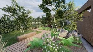 nowoczesny ogród, Poznań, projektowanie ogrodów Poznań, ogród nowoczesny Poznań, ogród eklektyczny, ogród pełen rozrywek, płyty w ogrodzie, drewno w odrodzie, trawy w ogrodzie, bambusy w ogrodzie, architektura krajobrazu Poznań, projektant ogrodów Poznań