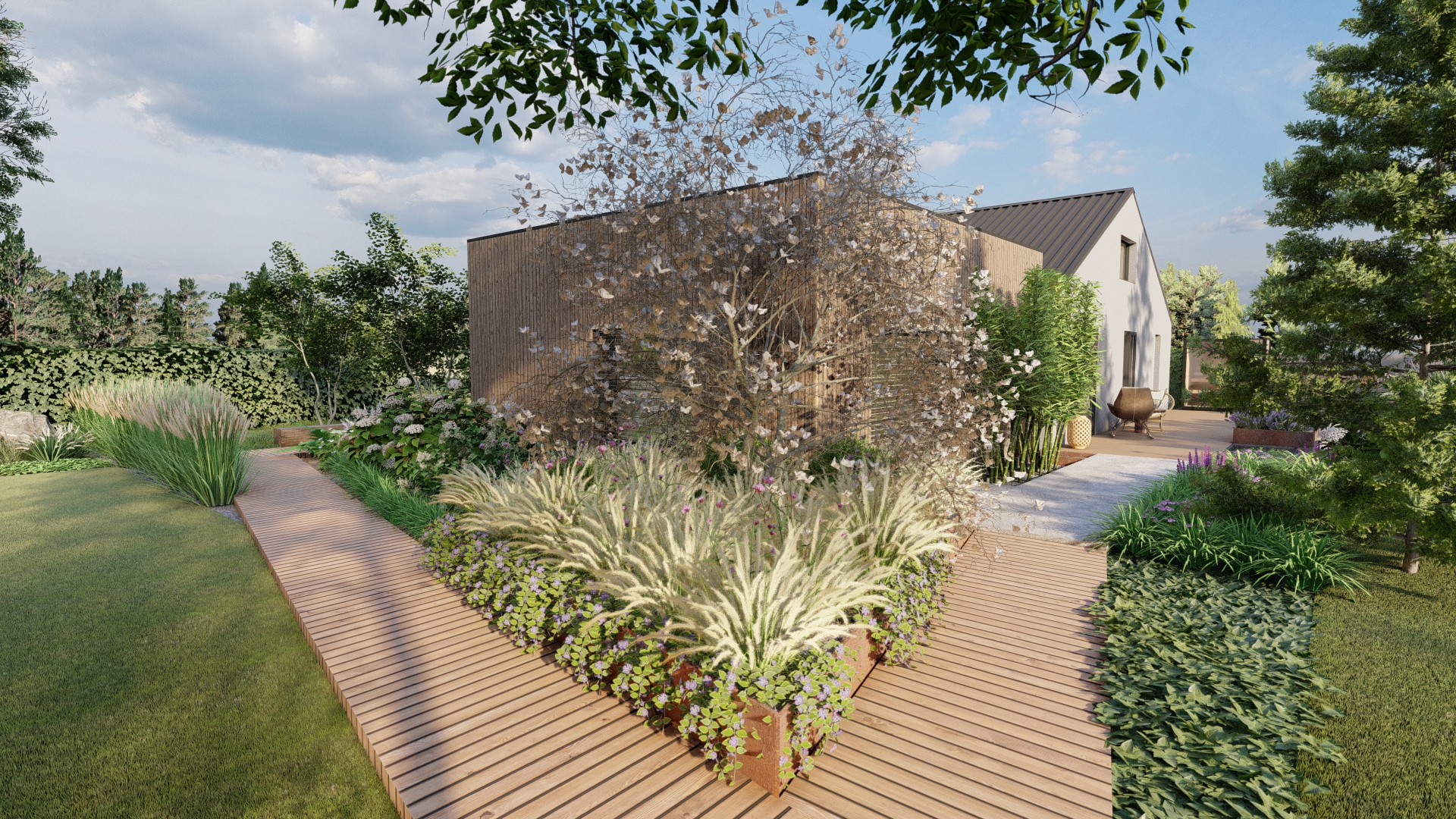 nowoczesny ogród, Poznań, projektowanie ogrodów Poznań, ogród nowoczesny Poznań, ogród eklektyczny, ogród pełen rozrywek, płyty w ogrodzie, drewno w odrodzie, trawy w ogrodzie, bambusy w ogrodzie, architektura krajobrazu Poznań, projektant ogrodów Poznań