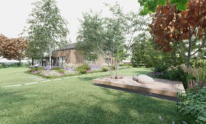 ogród z elementami cortenu