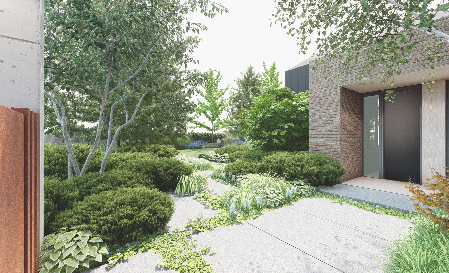 ogród z elementami cortenu