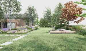 ogród z elementami cortenu