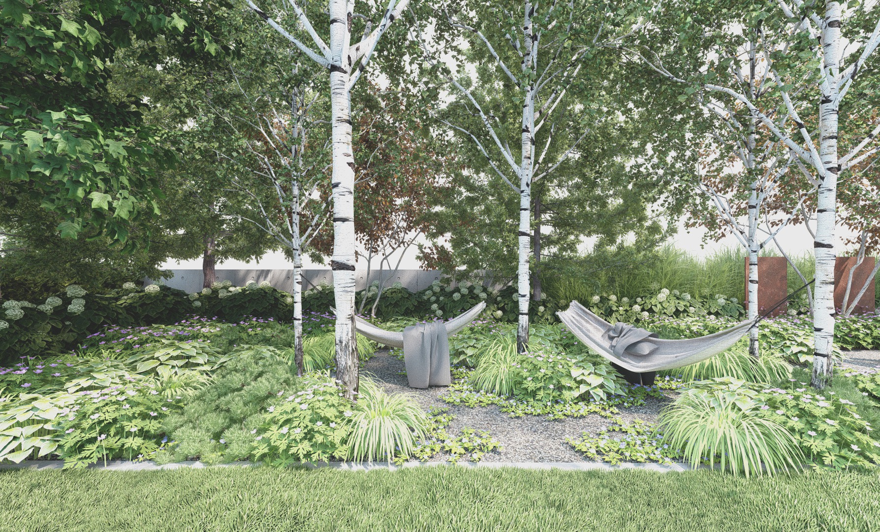 ogród z elementami cortenu