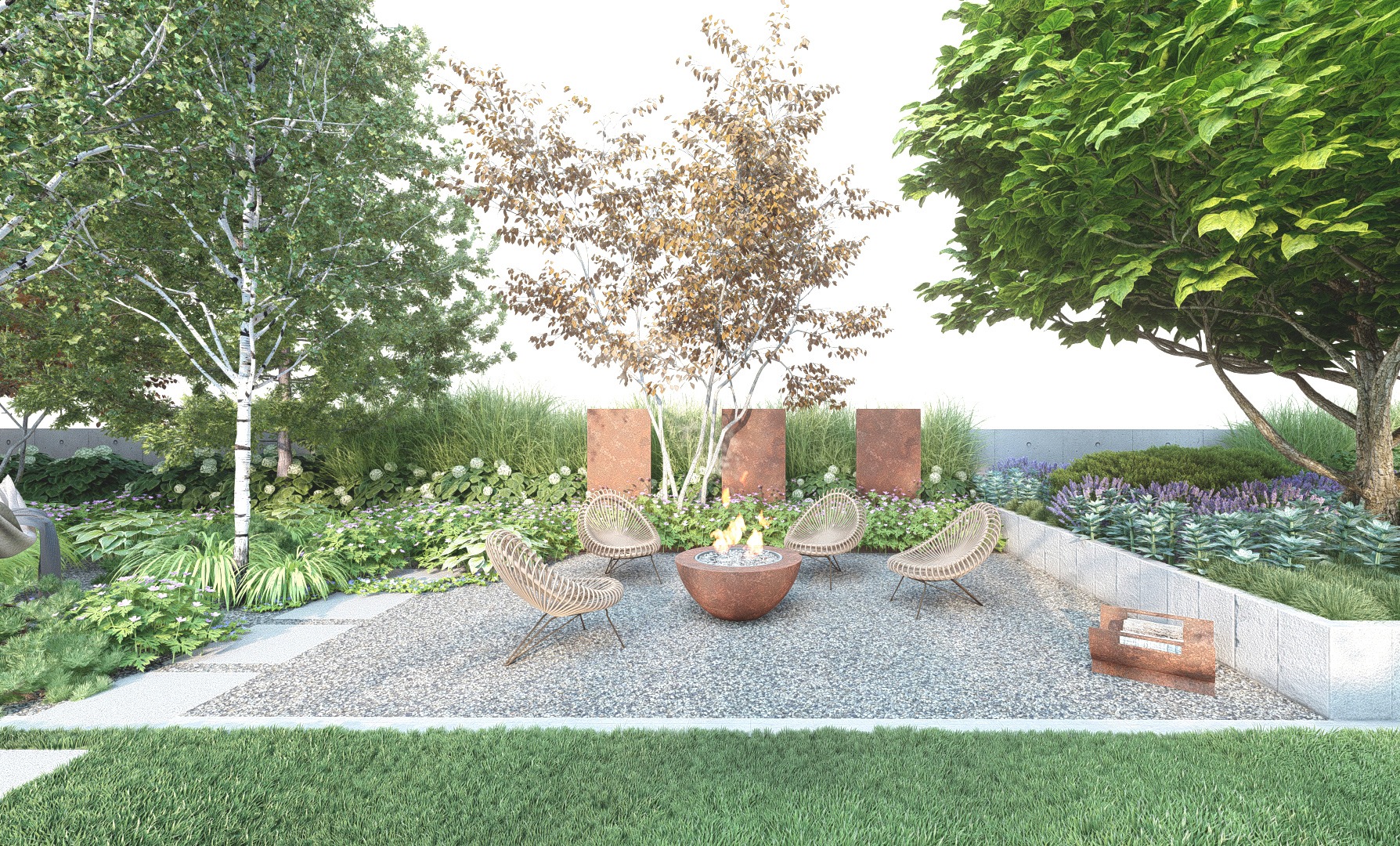 ogród z elementami cortenu