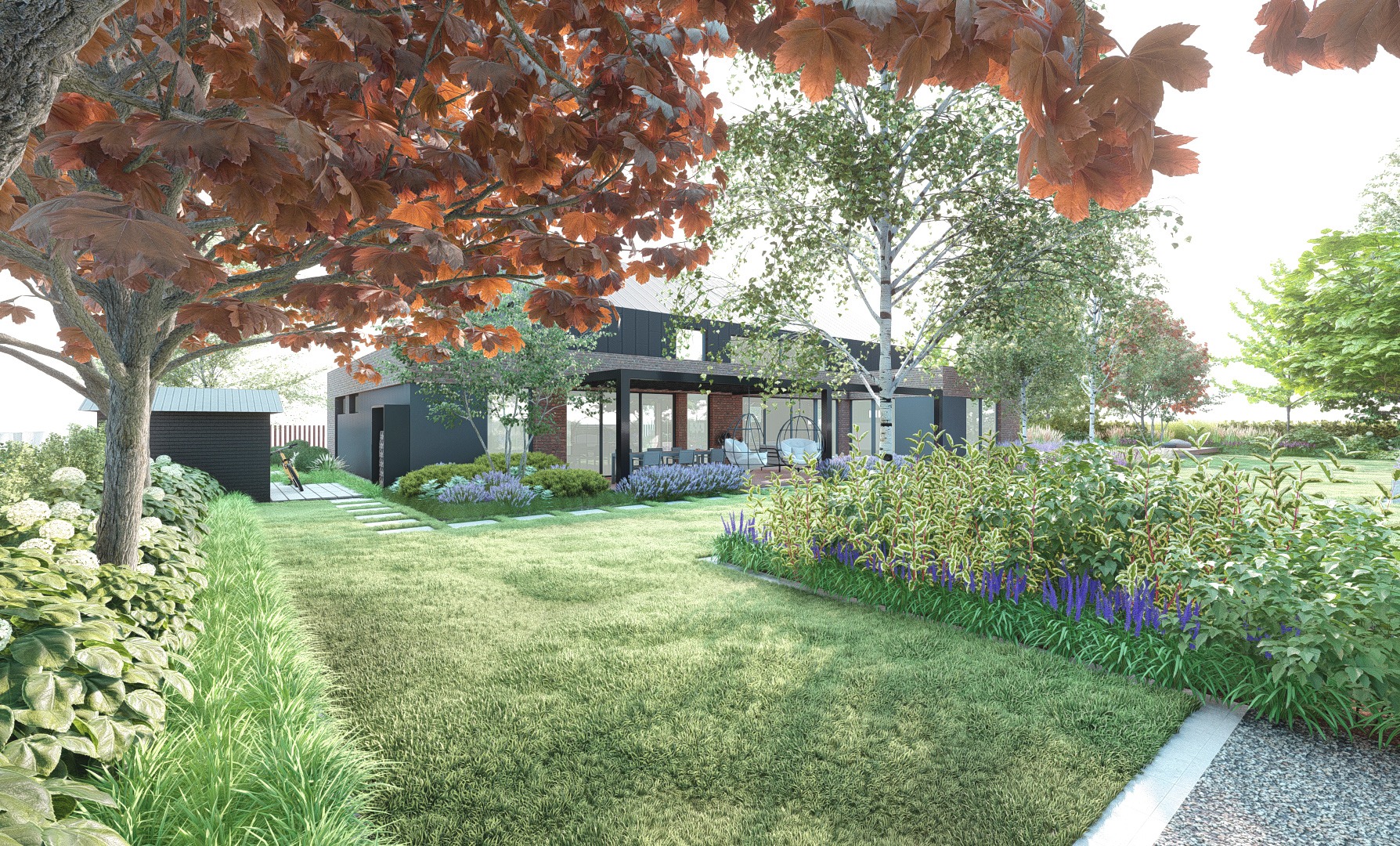 ogród z elementami cortenu