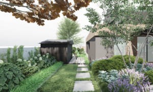 ogród z elementami cortenu