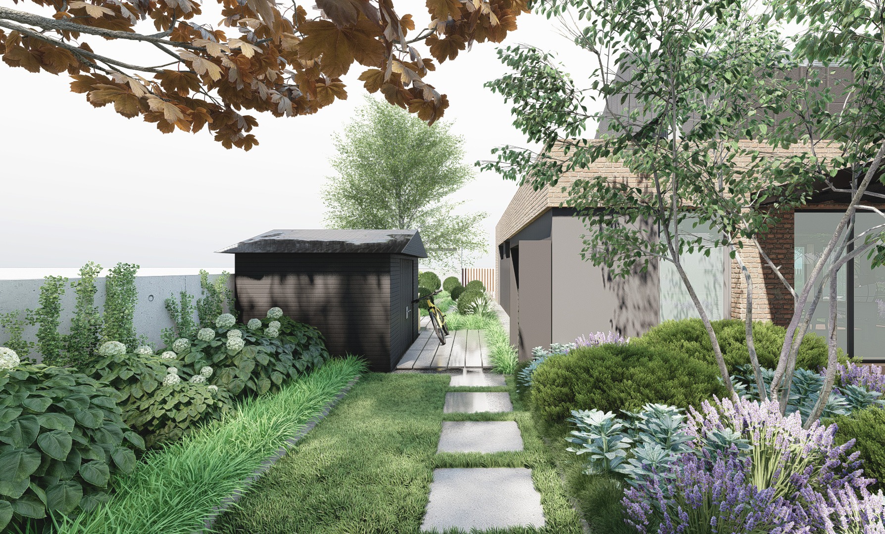 ogród z elementami cortenu