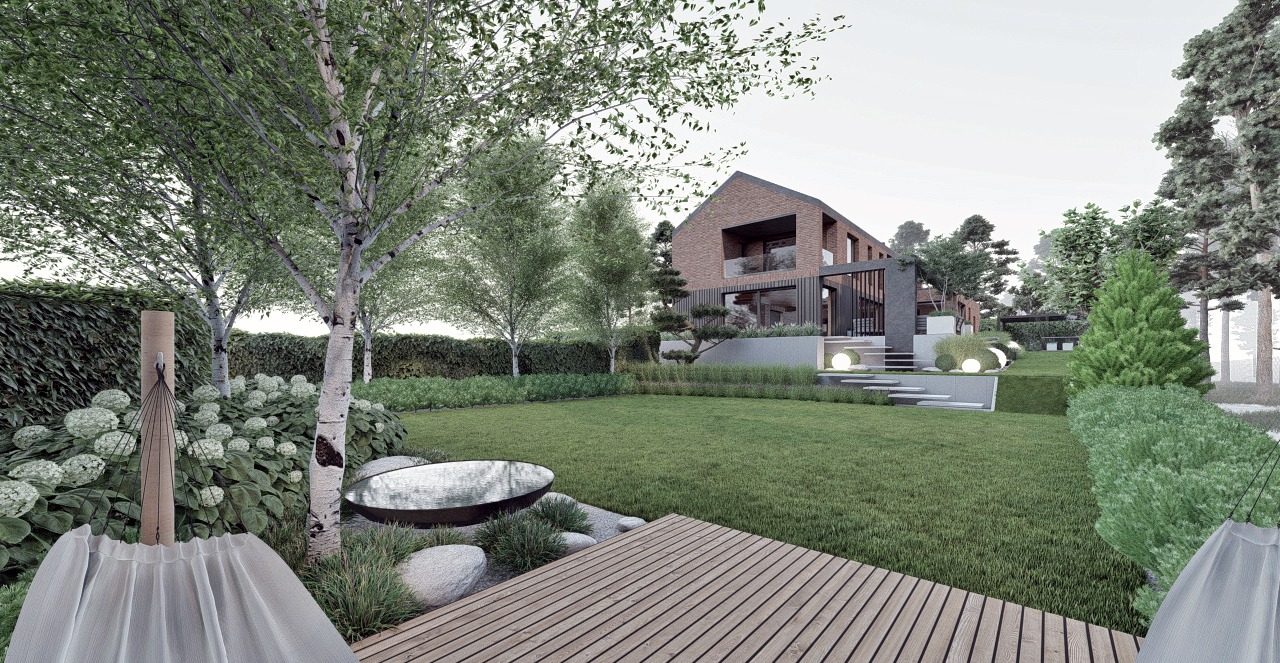 nowoczesny ogród pod lasem