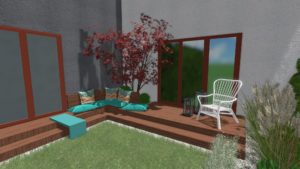 niewielki ogród przy szeregowcu, projekt ogrodu przy szeregowcu, taras wypoczynkowy