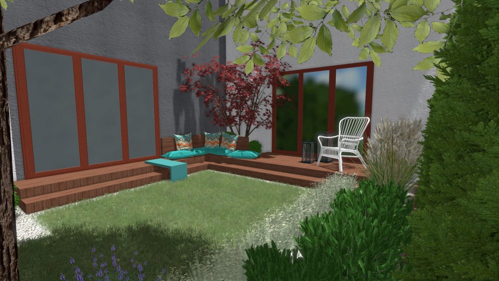 niewielki ogród przy szeregowcu, projekt ogrodu przy szeregowcu, taras wypoczynkowy