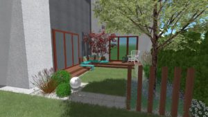 niewielki ogród przy szeregowcu, projekt ogrodu przy szeregowcu, taras wypoczynkowy