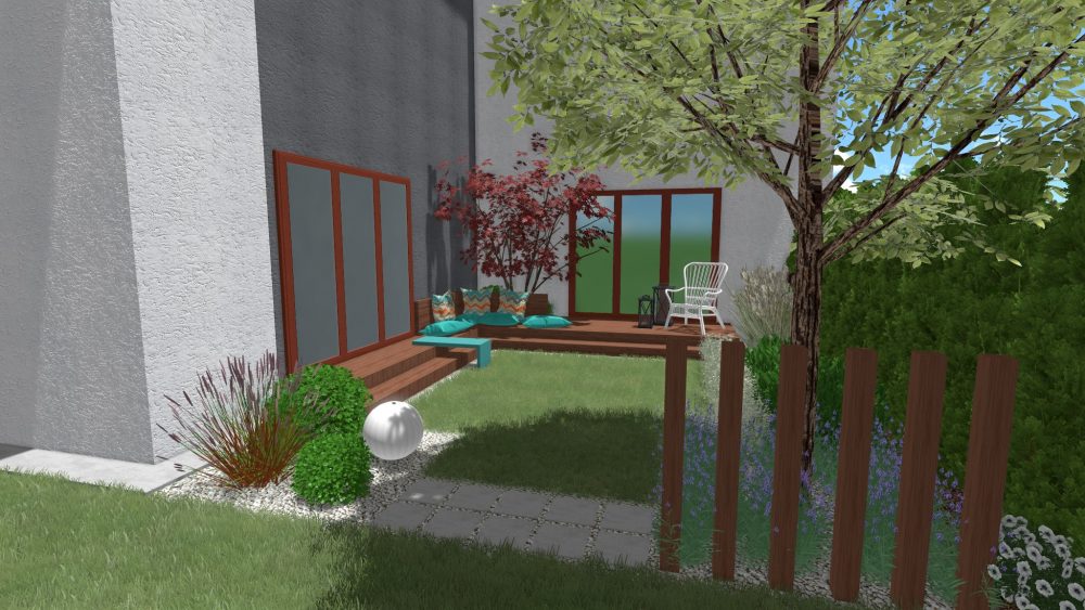 niewielki ogród przy szeregowcu, projekt ogrodu przy szeregowcu, taras wypoczynkowy