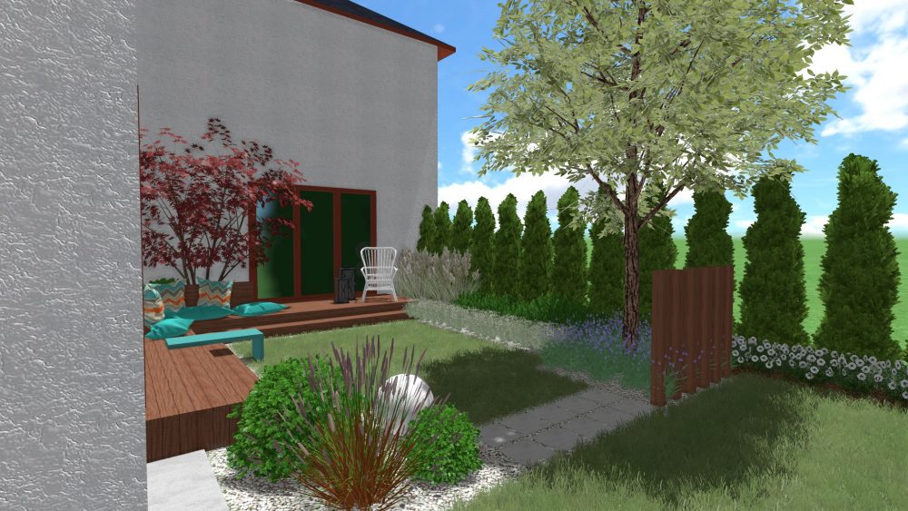 niewielki ogród przy szeregowcu, projekt ogrodu przy szeregowcu, ogród nowoczesny