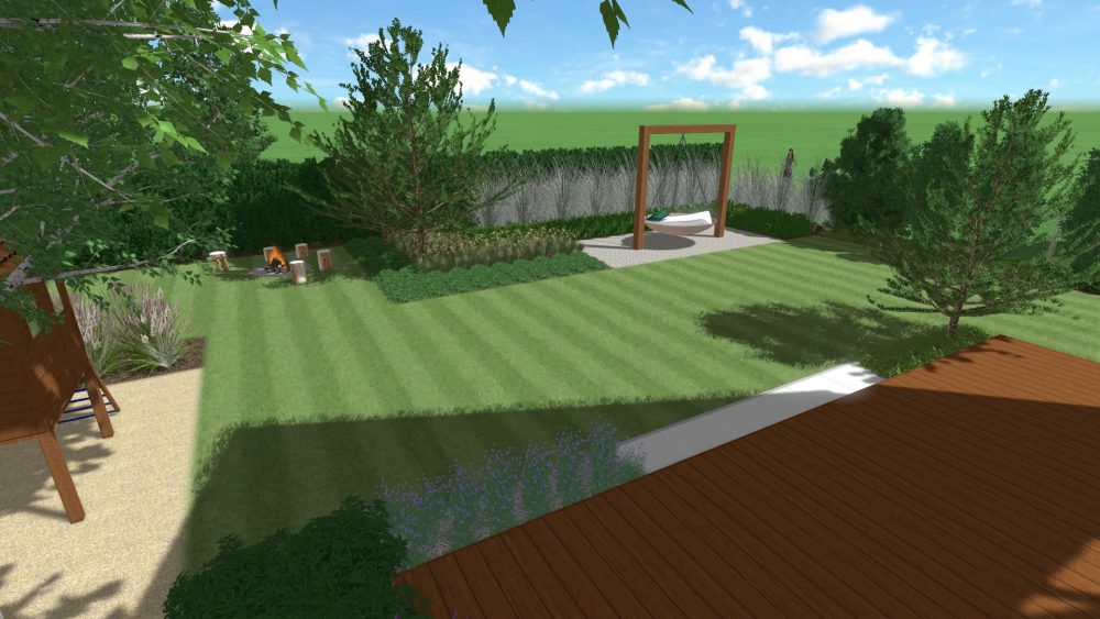 projekt nowoczesnego ogrodu, ogród w stylu skandynawskim - drewniany taras