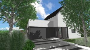 ogród skandynawski, podjazd do garażu, nowoczesny front ogrodu