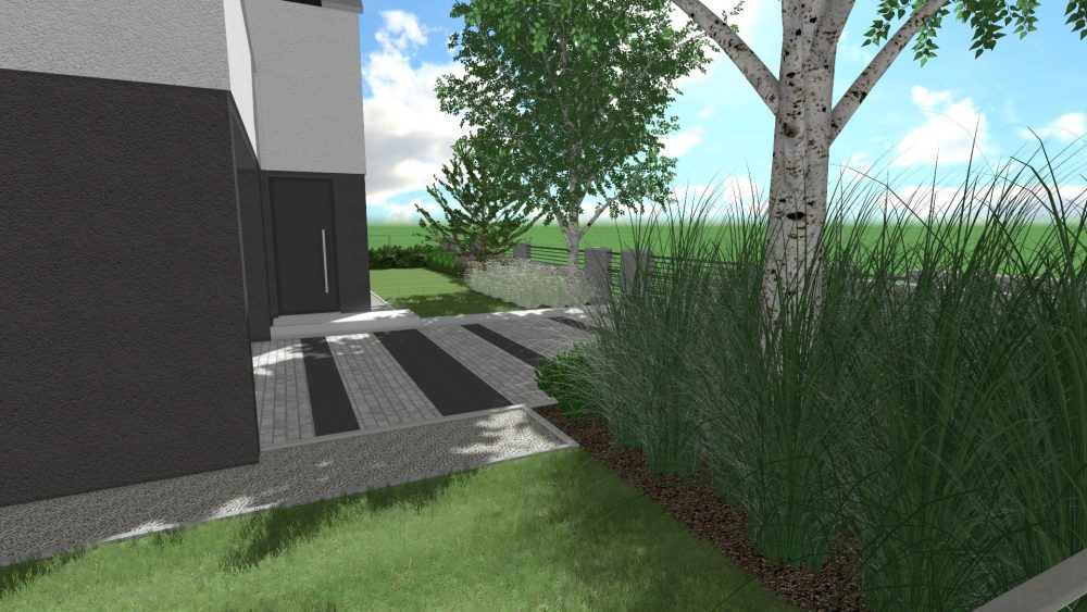 ogród w stylu skandynawskim - ogród nowoczesny - podjazd do garażu