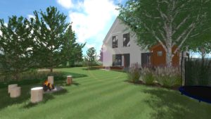 ogród w stylu skandynawskim - ogród nowoczesny - miejsce na ognisko w ogrodzie