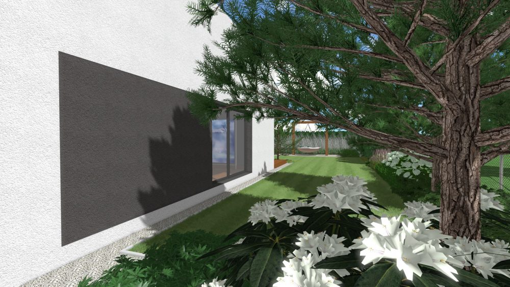 ogród w stylu skandynawskim - ogród nowoczesny - różaneczniki w ogrodzie