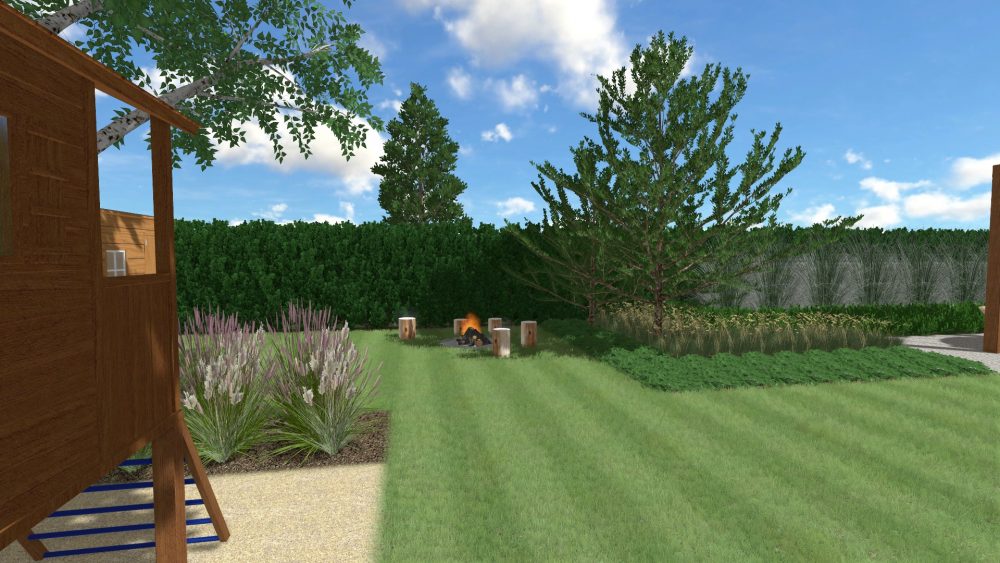 ogród nowoczesny - trawy w ogrodzie - miejsce na ognisko