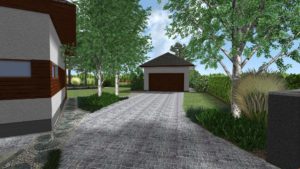 ogród leśny, ogród naturalistyczny, podjazd do garażu