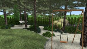 ogród leśny, ogród naturalistyczny, hamak w ogrodzie