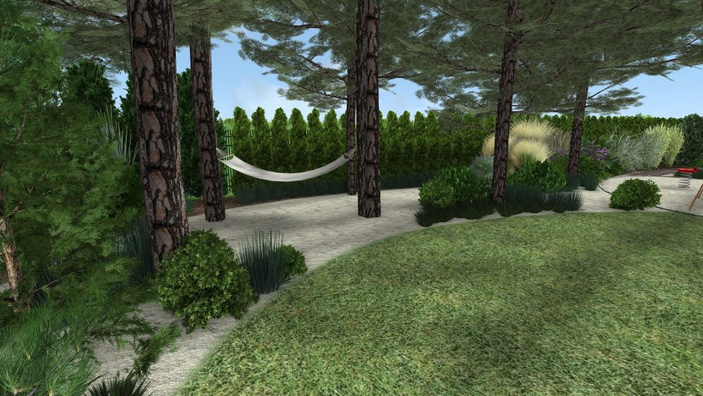 ogród leśny, ogród naturalistyczny, hamak w ogrodzie