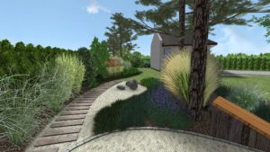 ogród leśny, ogród naturalistyczny, podkłady kolejowe w ogrodzie