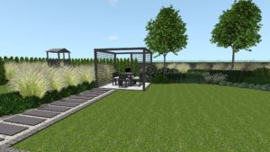 projekt ogrodu przydomowego w Poznaniu, ogrody nowoczesne - nowoczesna altana ogrodowa