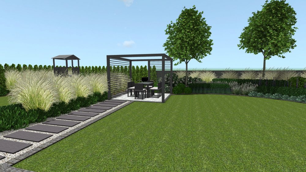 projekt ogrodu przydomowego w Poznaniu, ogrody nowoczesne - nowoczesna altana ogrodowa