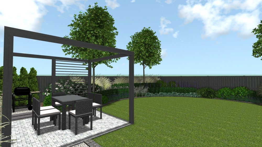 projekt ogrodu przydomowego w Poznaniu, ogrody nowoczesne - nowoczesna altana ogrodowa