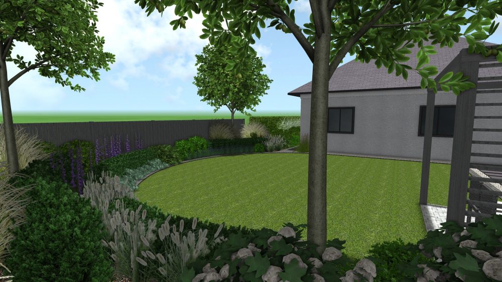 projekt ogrodu przydomowego w Poznaniu, ogrody nowoczesne - ogród nowoczesny z okrągłym trawnikiem