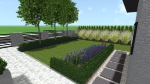 projekt ogrodu przydomowego w Poznaniu, ogrody nowoczesne - nowoczesny front ogrodu