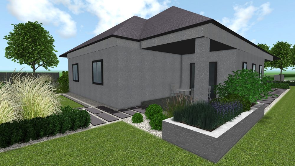 projekt ogrodu przydomowego w Poznaniu, ogrody nowoczesne - betonowe donice w ogrodzie