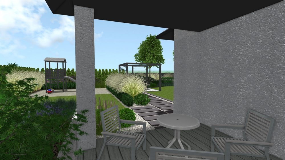 projekt ogrodu przydomowego w Poznaniu, ogrody nowoczesne - płyty betonowe w ogrodzie