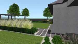 projekt ogrodu przydomowego w Poznaniu, ogrody nowoczesne - płyty betonowe w ogrodzie