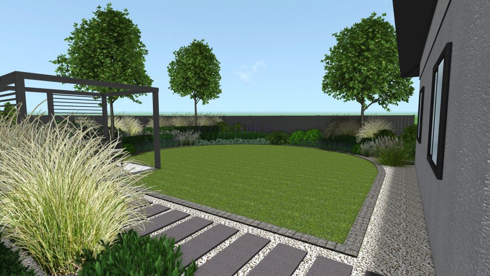 projekt ogrodu przydomowego w Poznaniu, ogrody nowoczesne - płyty betonowe w ogrodzie