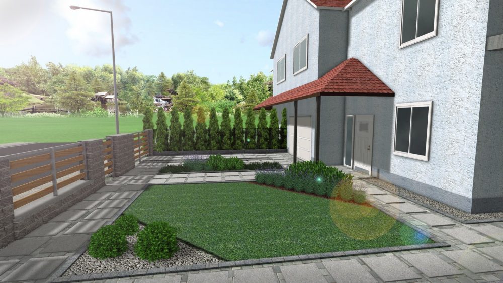 nowoczesny ogród, projekt ogrodu Poznań, nowoczesny front ogrodu