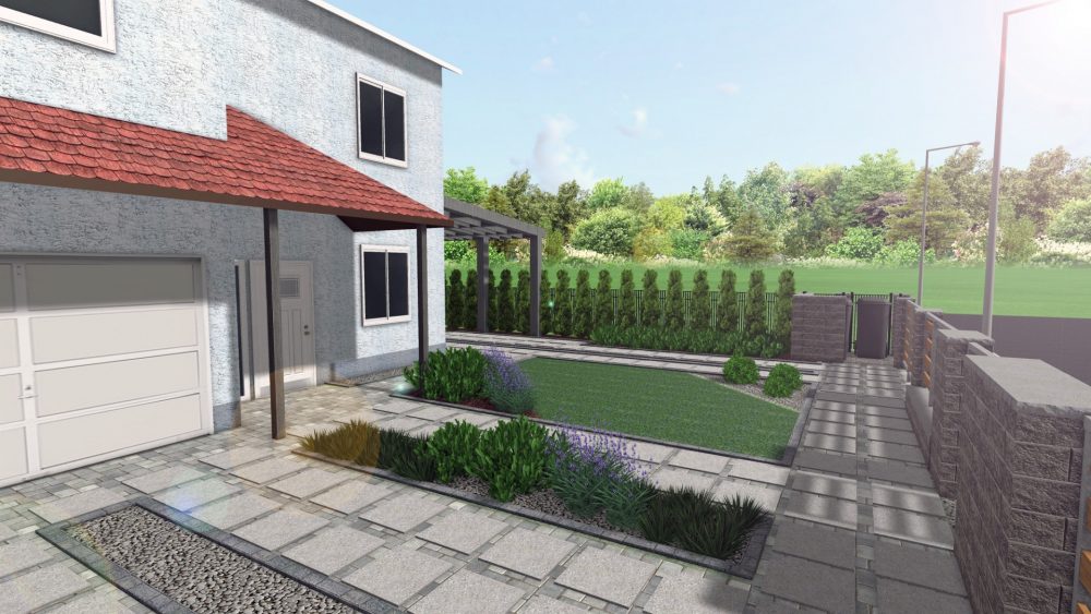 nowoczesny ogród, projekt ogrodu Poznań, nowoczesny front ogrodu