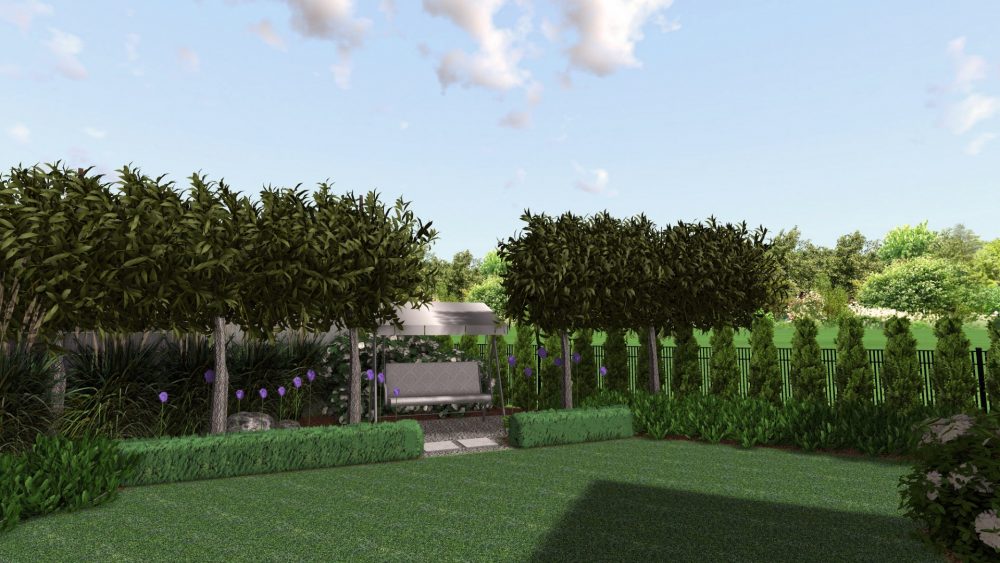 nowoczesne ogrody, strzyżone graby w ogrodzie, czosnek ozdobny