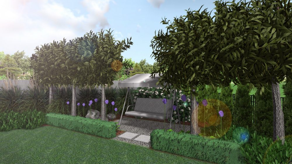 nowoczesne ogrody, strzyżone graby w ogrodzie, czosnek ozdobny