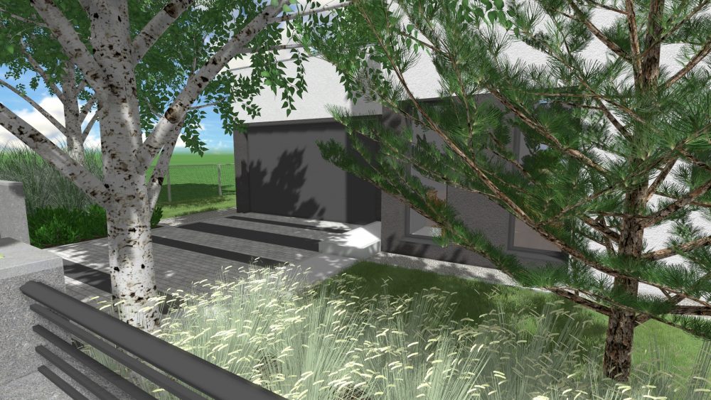 ogród skandynawski, podjazd do garażu, nowoczesny front ogrodu