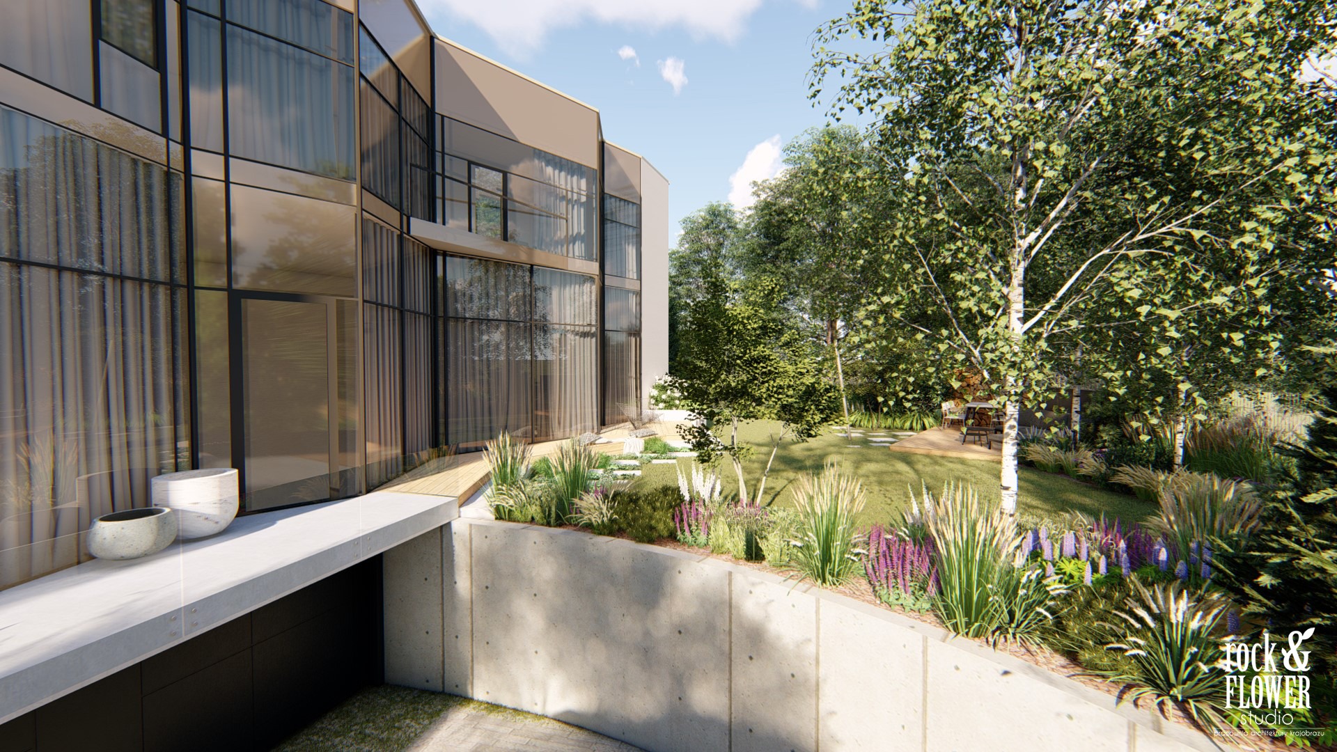 nowoczesny ogród z widokiem