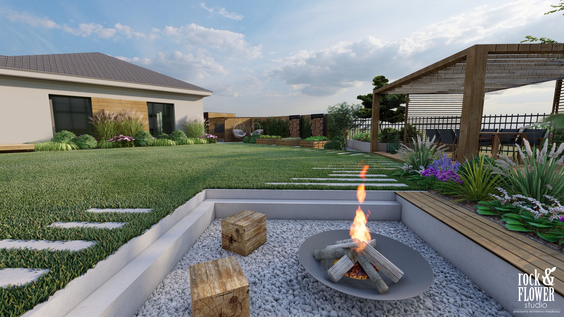 nowoczesny ogród z kwiatami