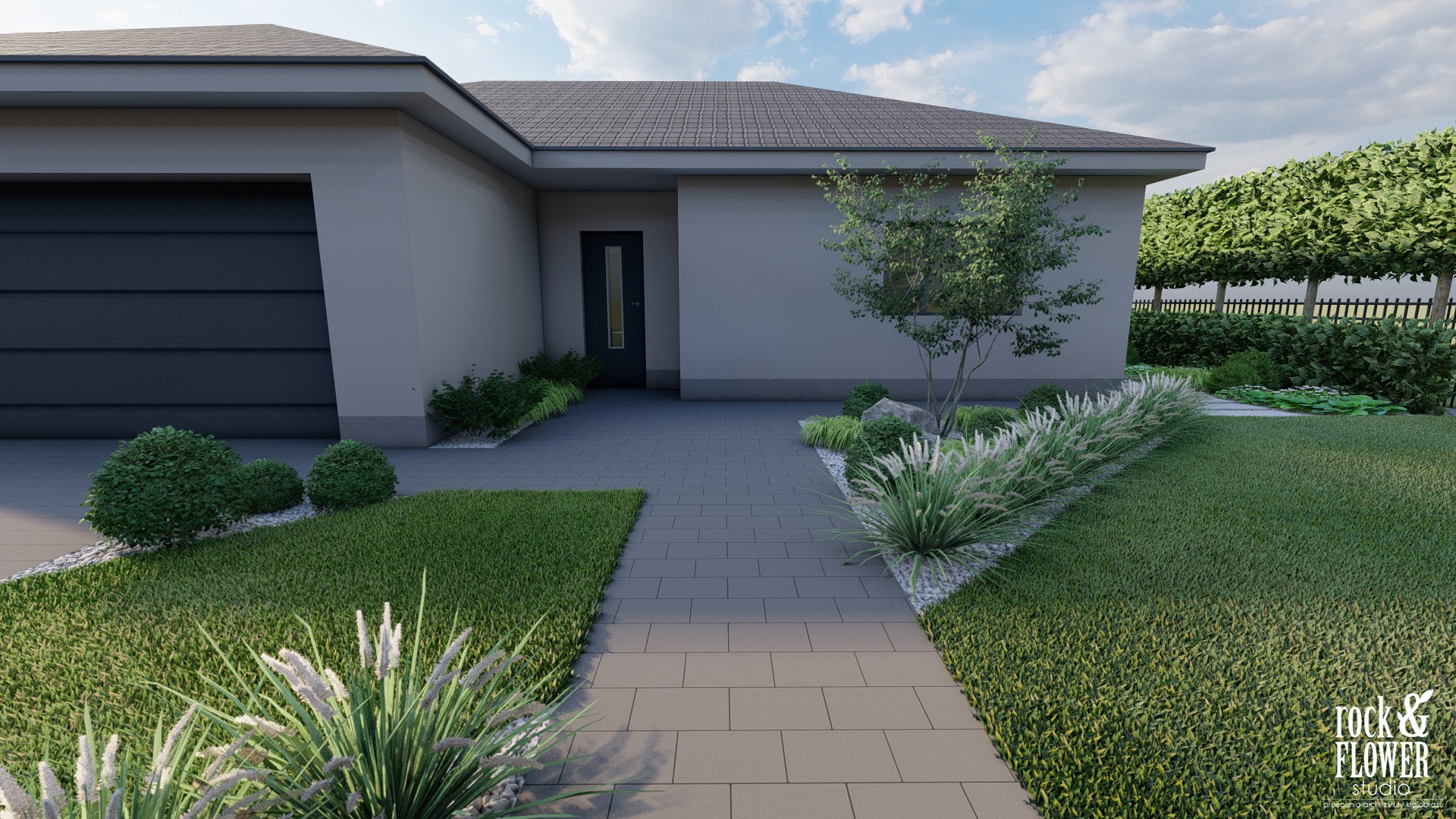 nowoczesny ogród z kwiatami